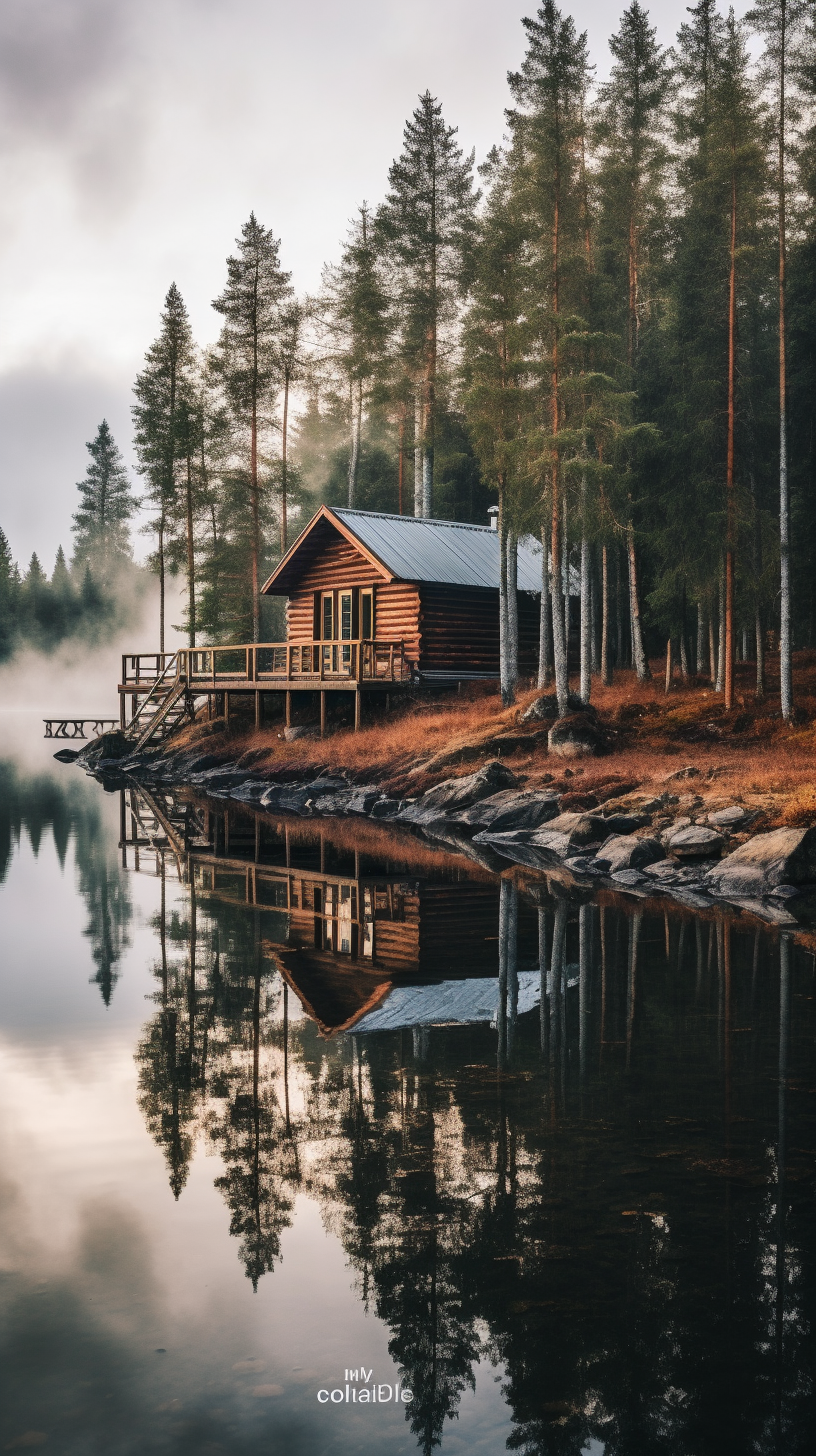 The Tranquil Finnish Landscape with Lakeside Cabins