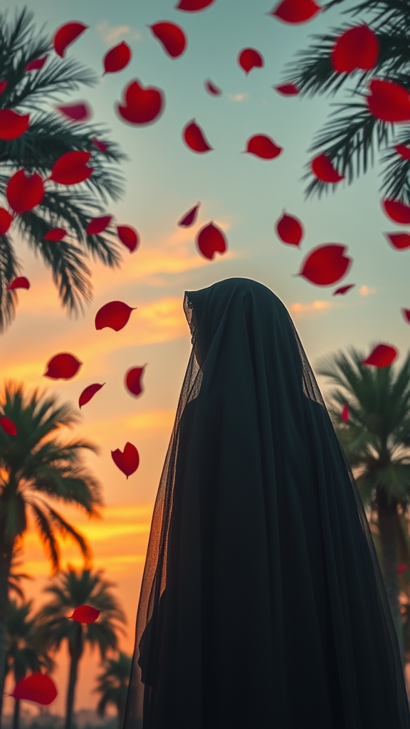 The Veiled Woman Amidst Windy Rose Leaves at Sunset