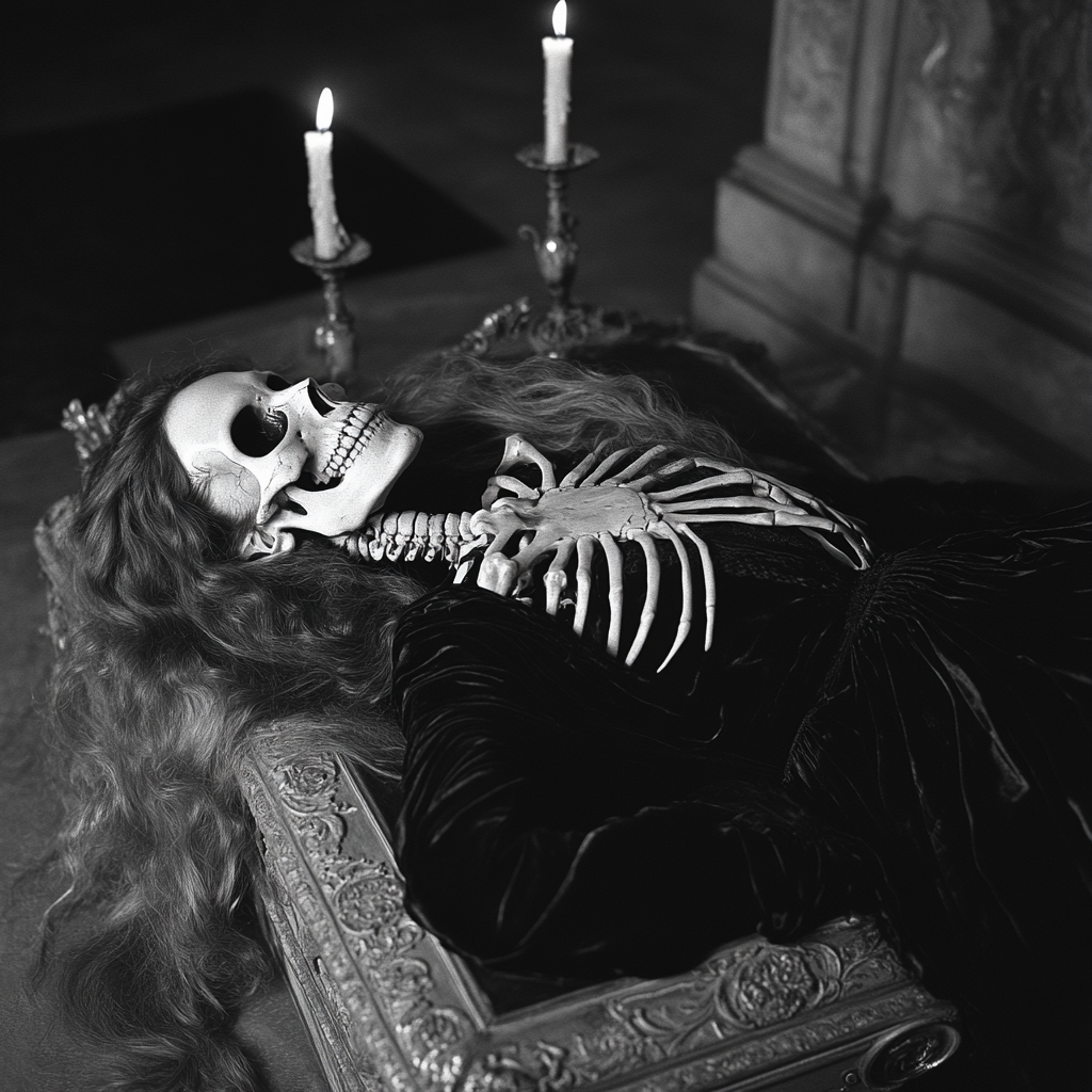 The Victorian lady skeleton resting on a coffin