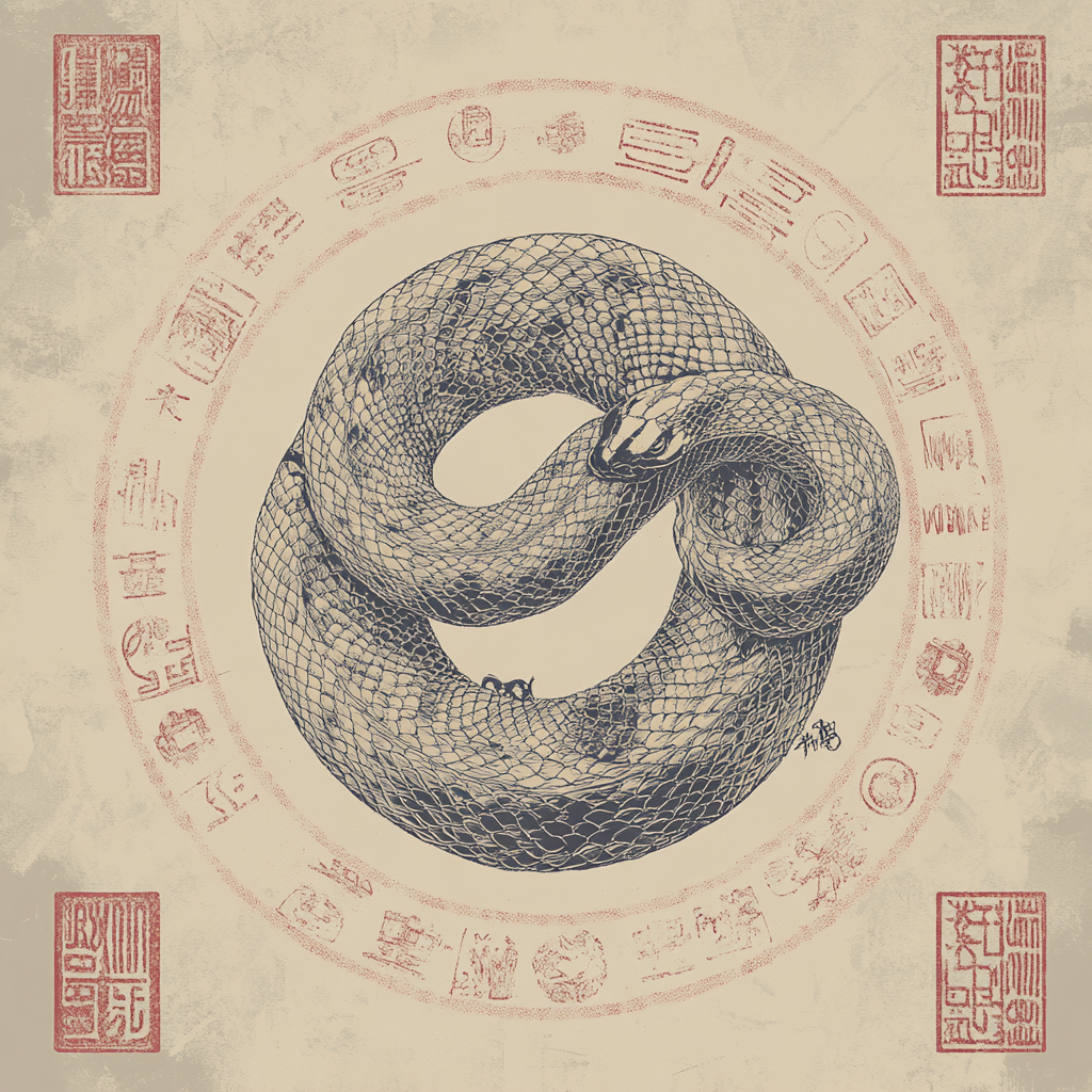The Wise Snake: Chinese symbols, muted colors, linework
