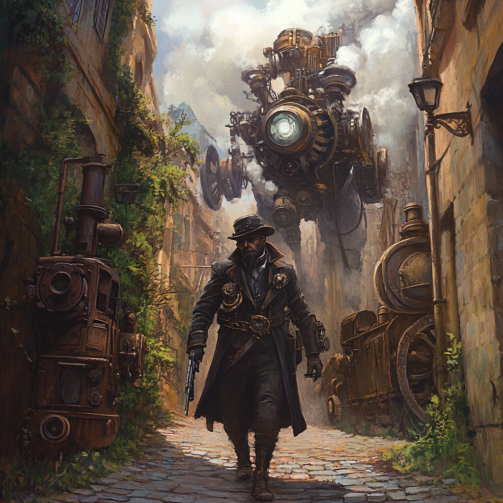 The Wise Steampunk Strategist on Steamy Cobblestone Path