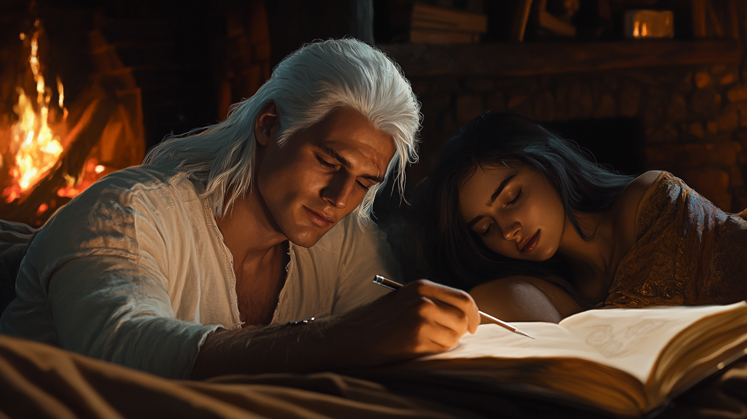 The Witcher-Like Man Sketching Beside Woman in Inn