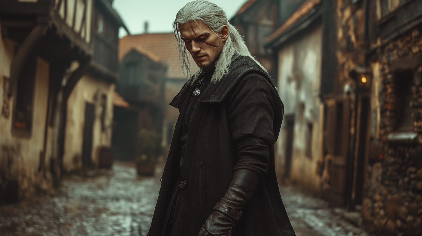 The Witcher-Like Man Strolls in Medieval Street