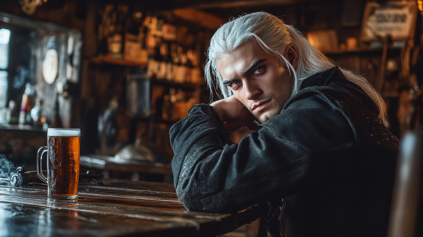 The Witcher-Like Young Man Enjoying Beer in Tavern