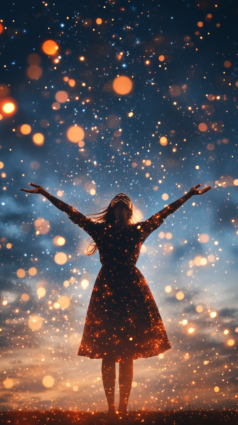 The Woman Embracing Stardust and Glowing Stars