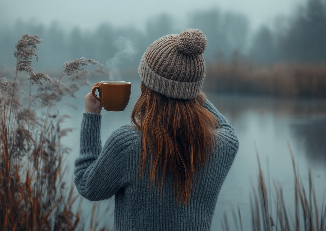 The Woman in Winter Enjoying Tea Happily