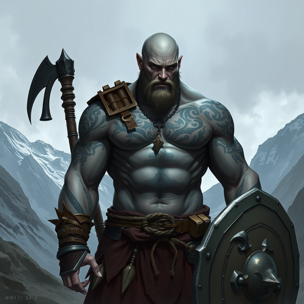 The Young Barbarian, Goliath, in Mountainous Fantasy Landscape