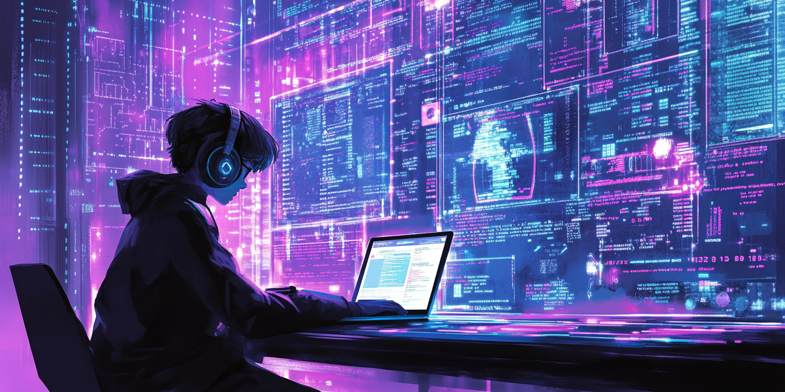 The Young Programmer in Futuristic Digital Workspace