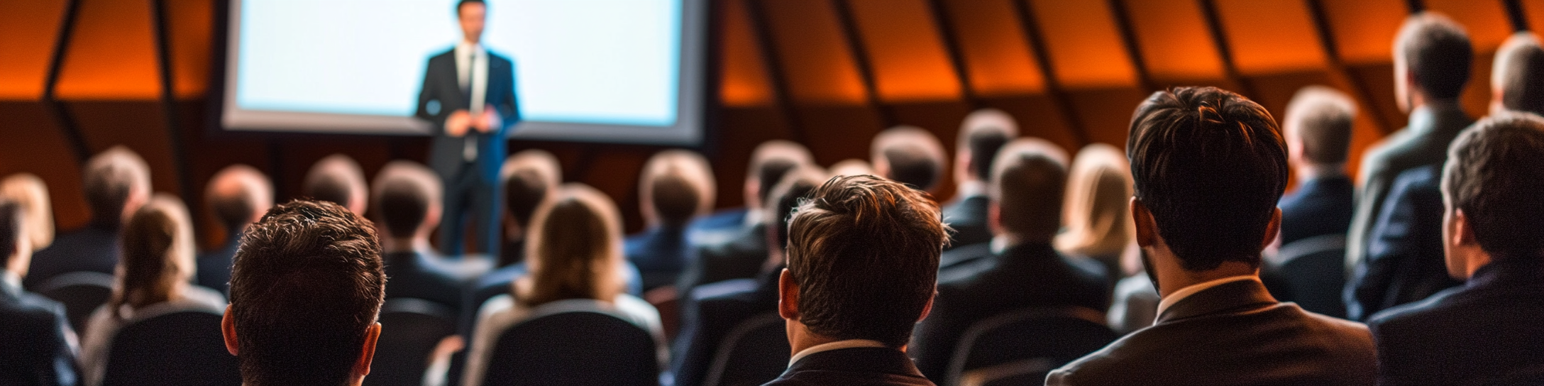 The audience in suits listening to presentation.