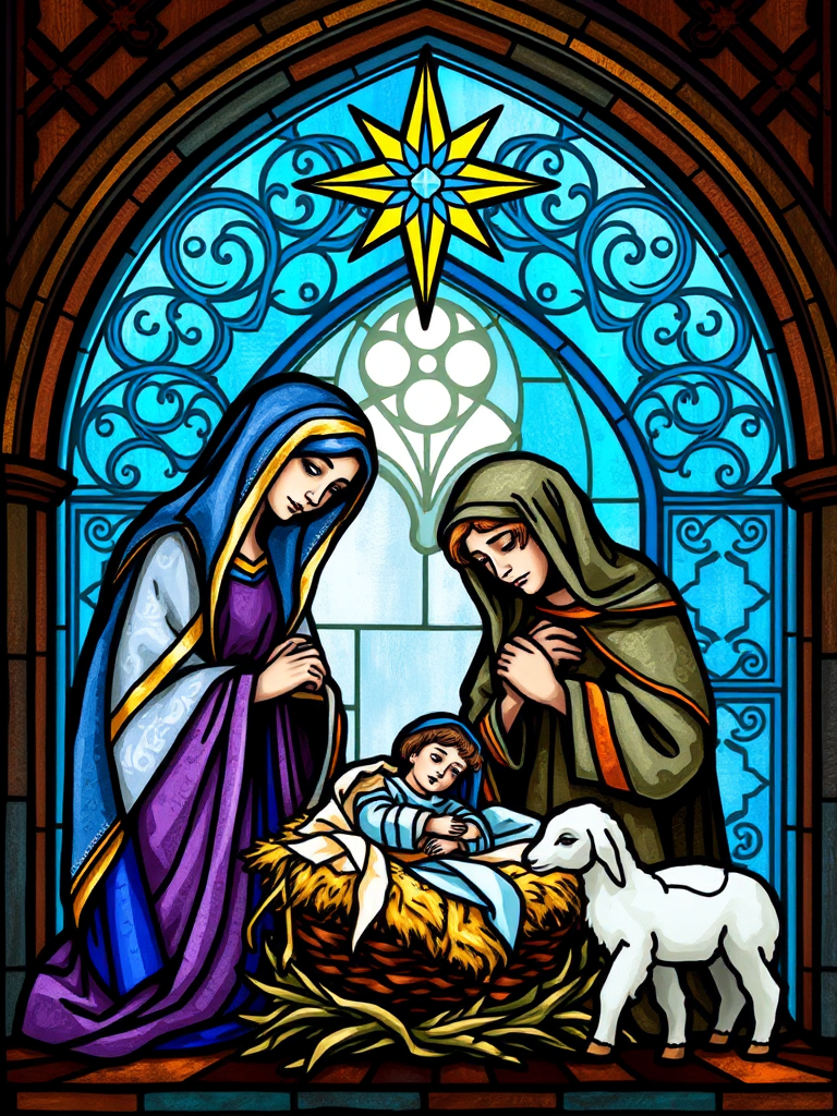 The baby Jesus and family in stained glass