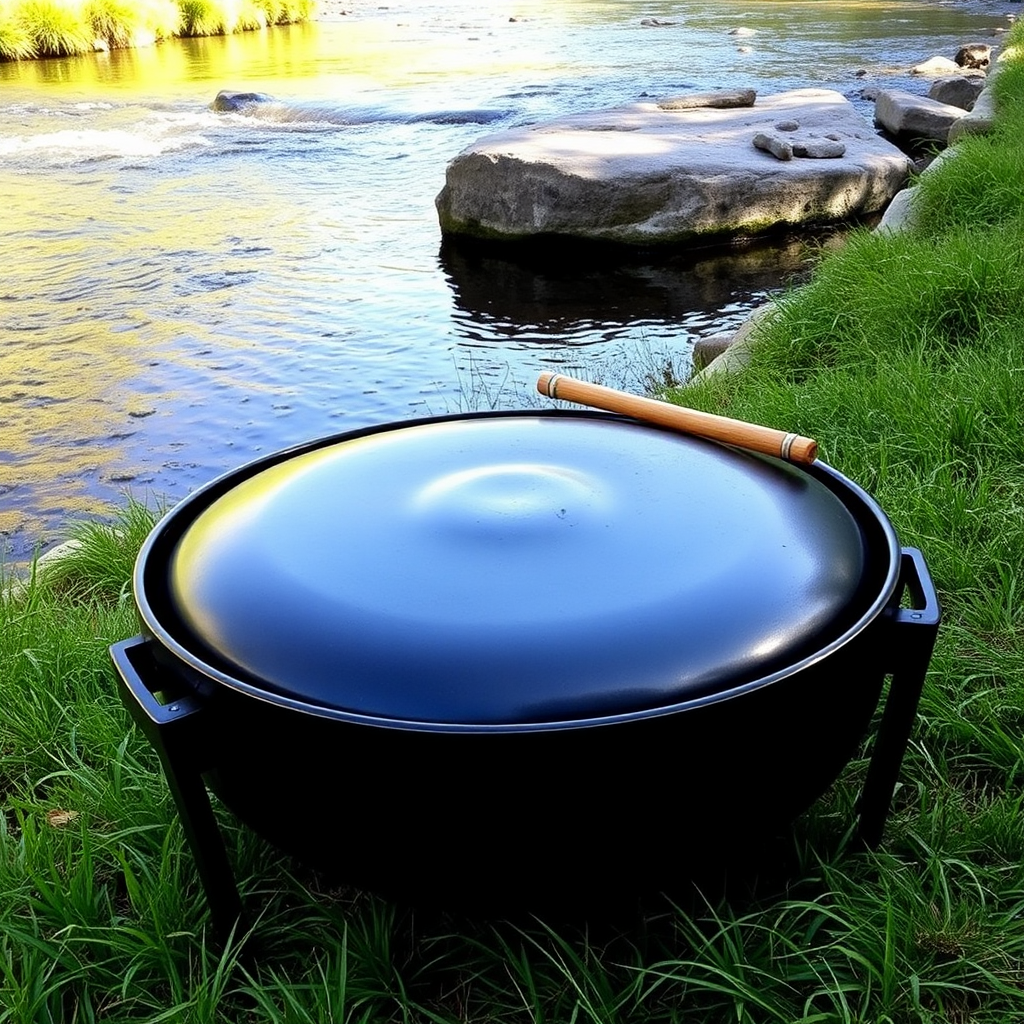 The beautiful black handpan drum by the river.