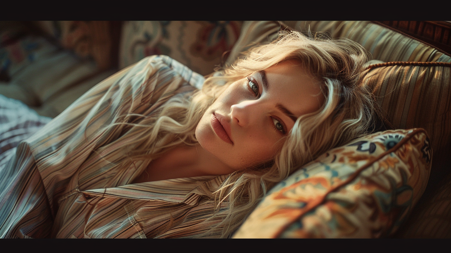 The beautiful blonde woman lounging on vintage sofa