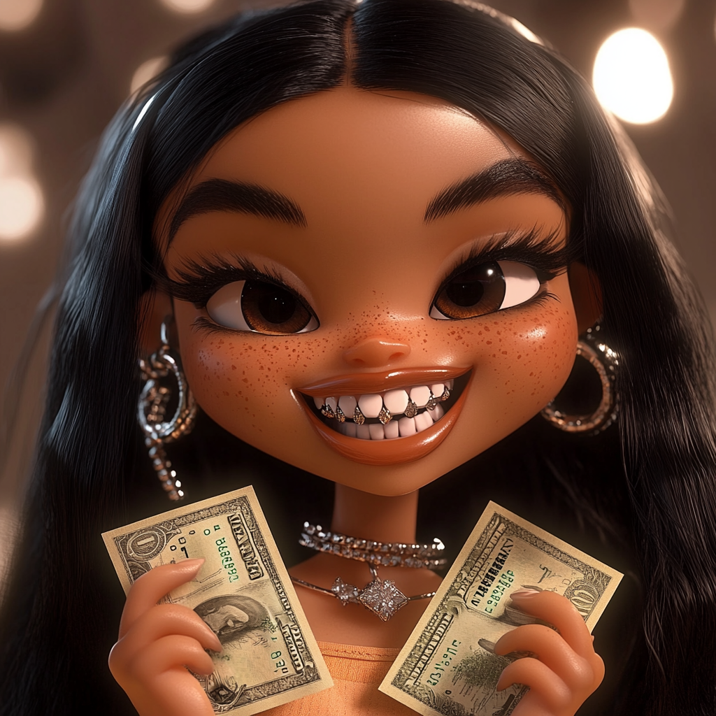 The beautiful smiling black Bratz doll with cash