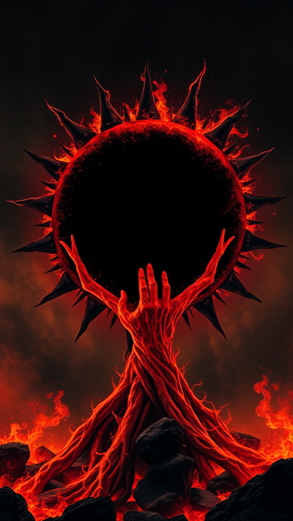 The black sun swallows itself in a fiery, gory death.