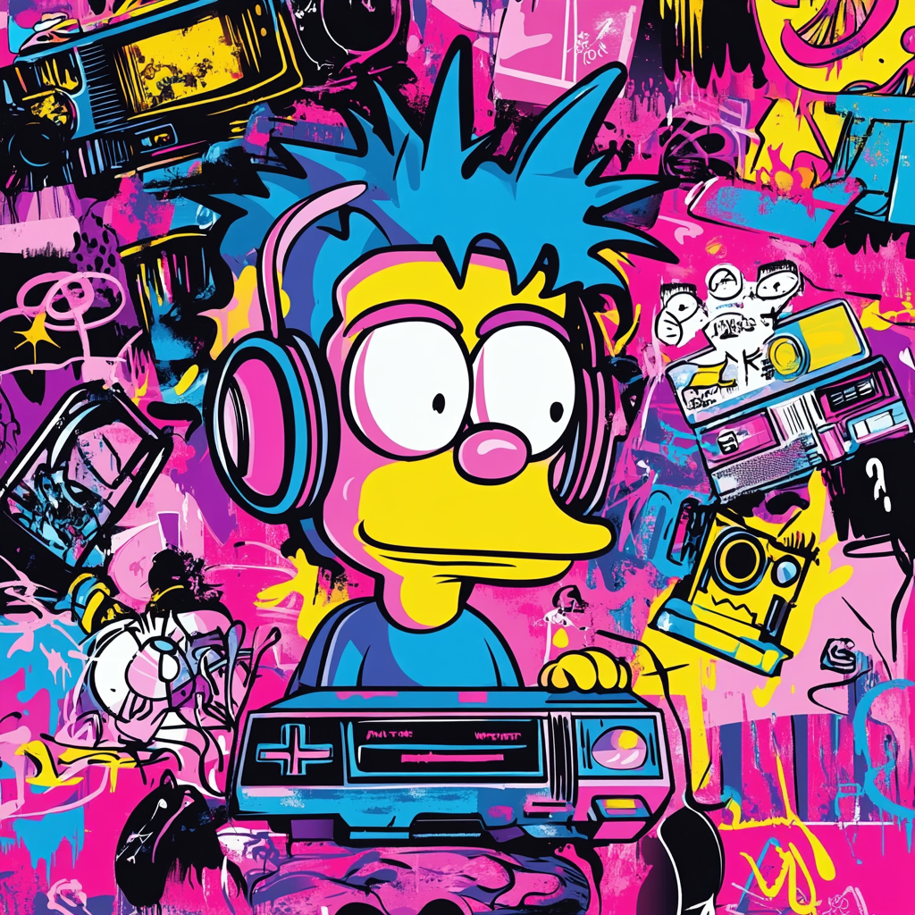 The colorful city artwork with 90s pop culture