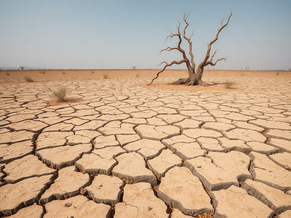 The dry, cracked desert with dead tree.