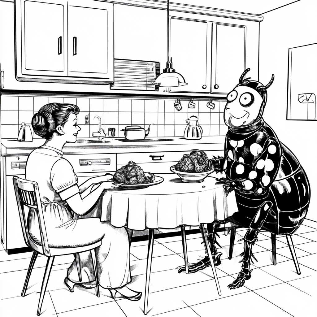 The dung beetle couple in a vintage kitchen. Coloring Book