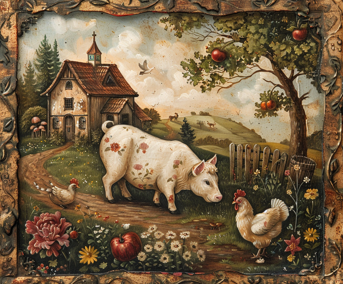 The farm animals in a naive painting style