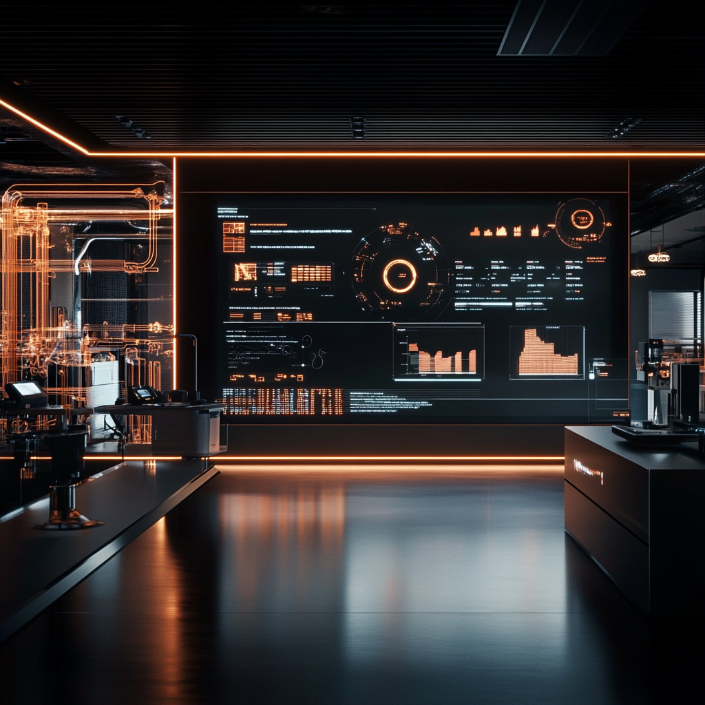 The futuristic workspace with digital transformation stages.