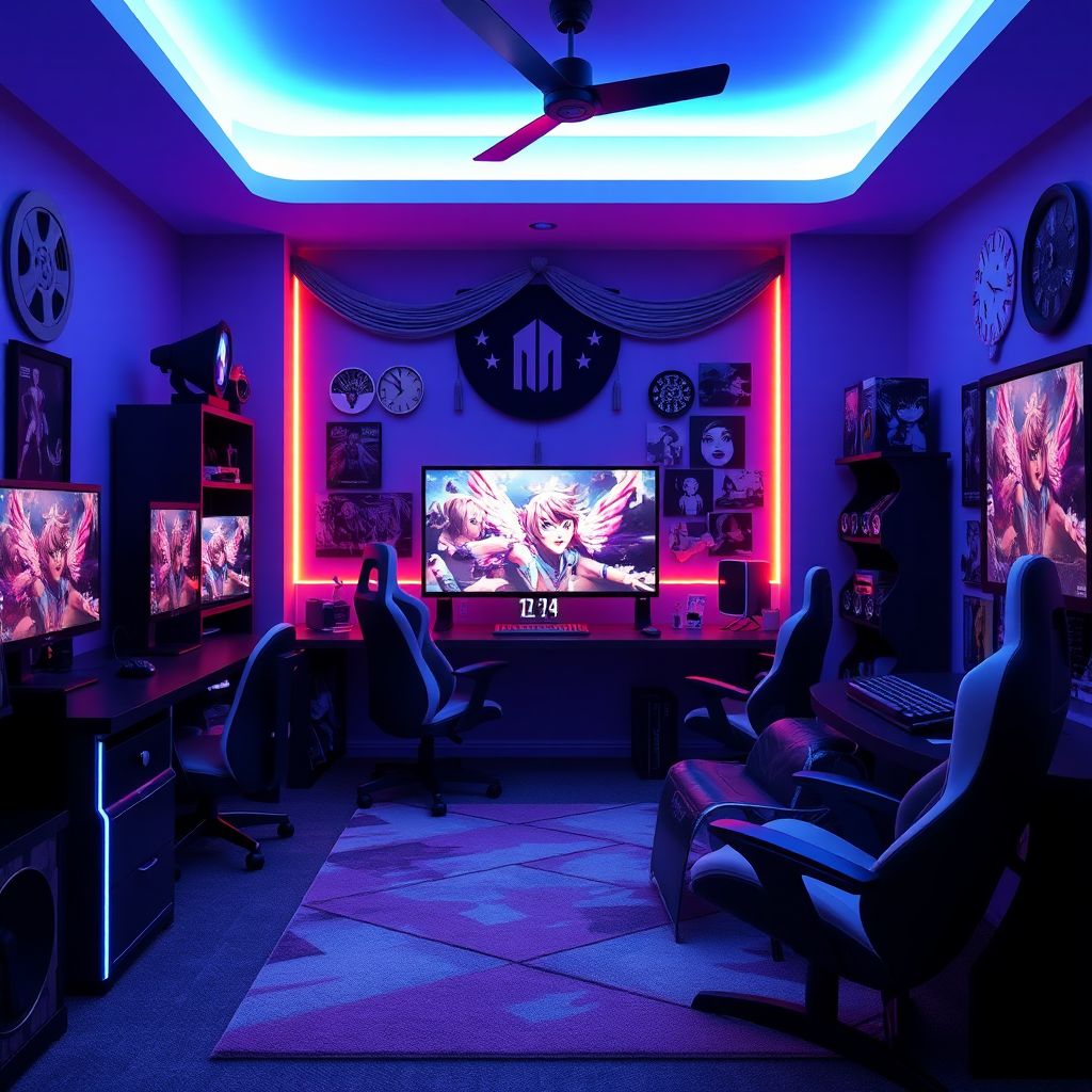 The girl's blue gaming room with decorations