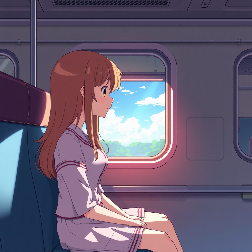 The girl sitting on train watching outside