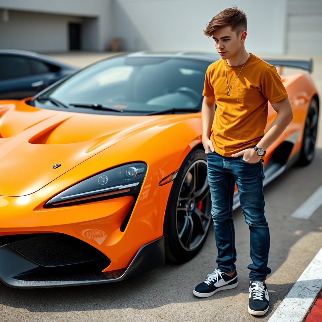 The handsome man posed by red car.