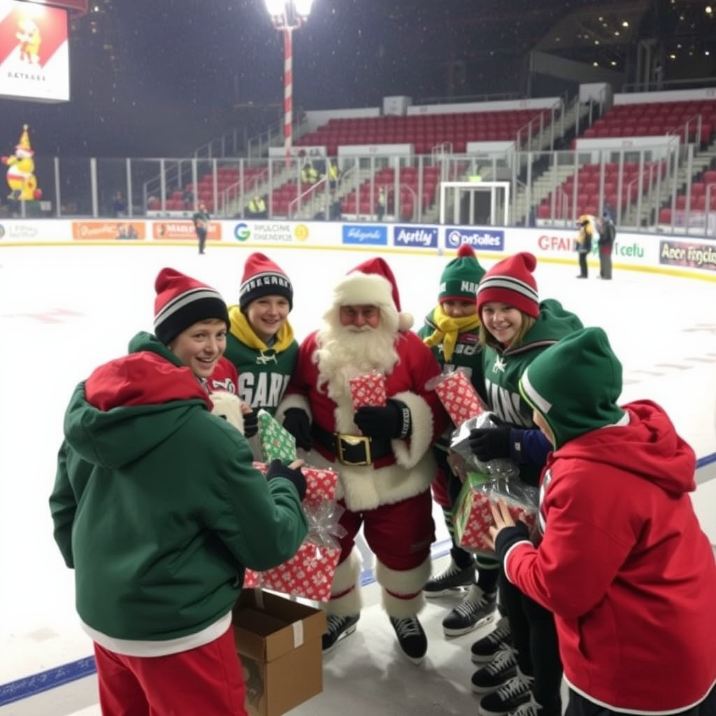 The hockey team gives gifts to Santa.