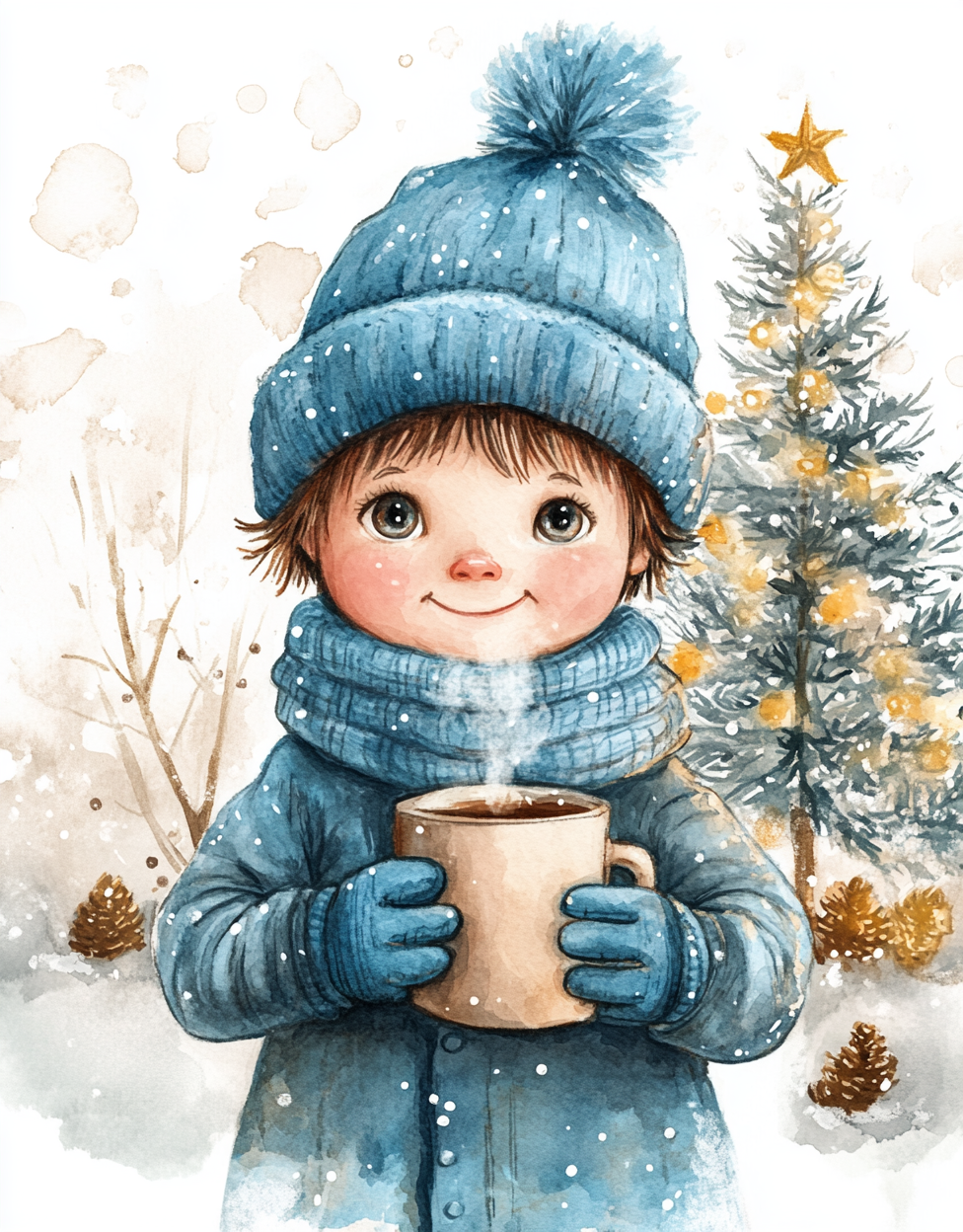 The little boy holds winter-themed painting