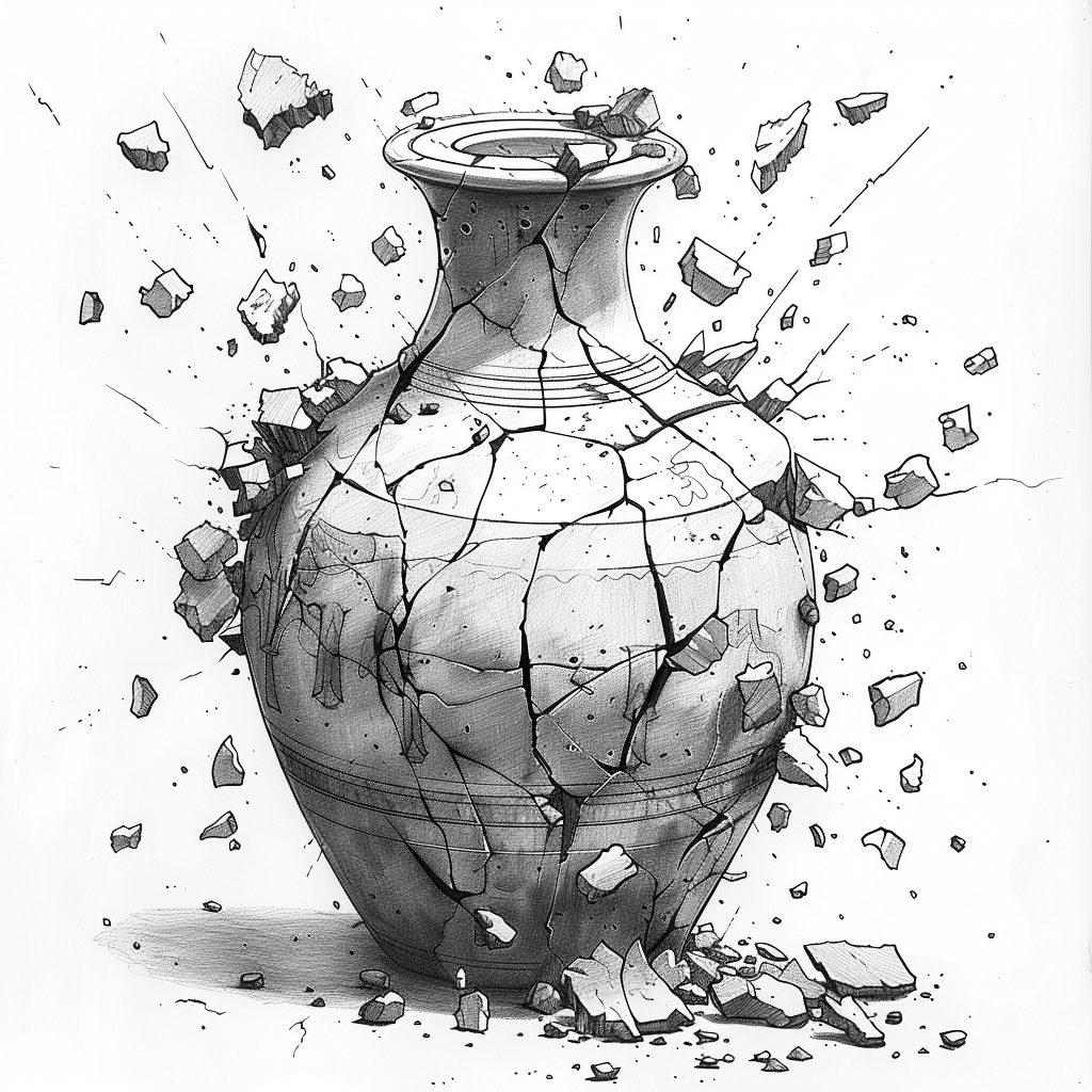 The shattered ancient pot in pencil sketch style