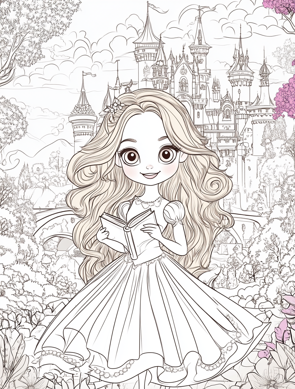 Coloring Book of a smiling princess with sparkly eyes at castle