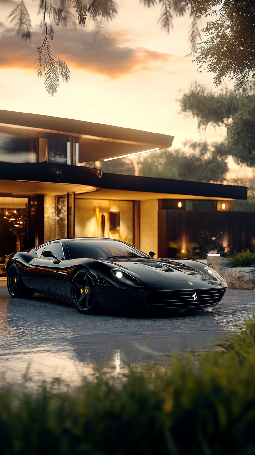 The stunning black Ferrari next to a modern house at sunset