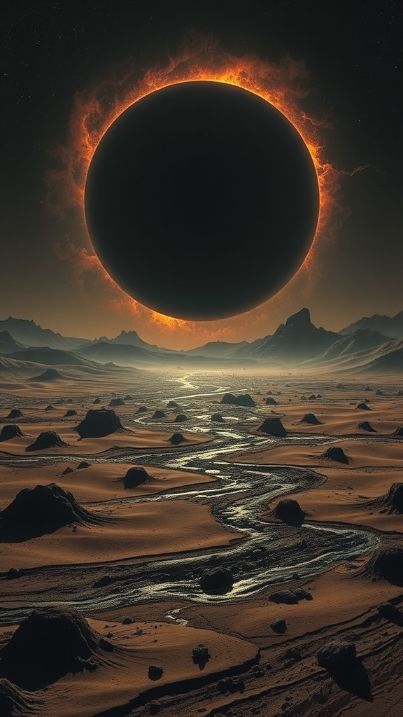 The surreal black sun burns in the desert.