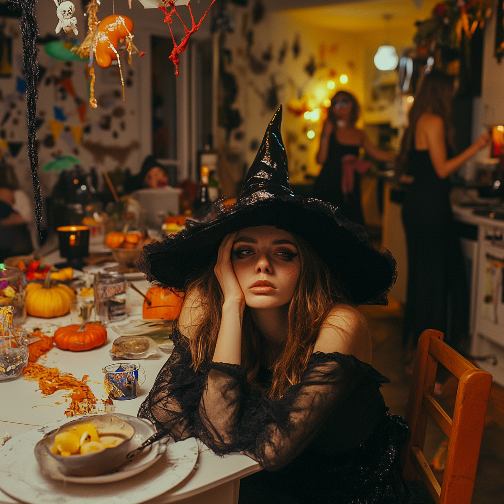 The tired witch at a lively Halloween party