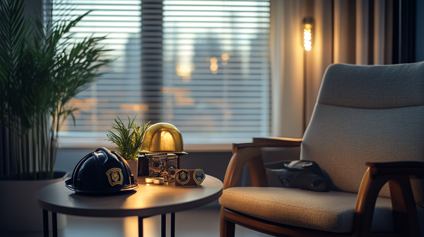 Therapist in office with firefighter's helmet and police badge