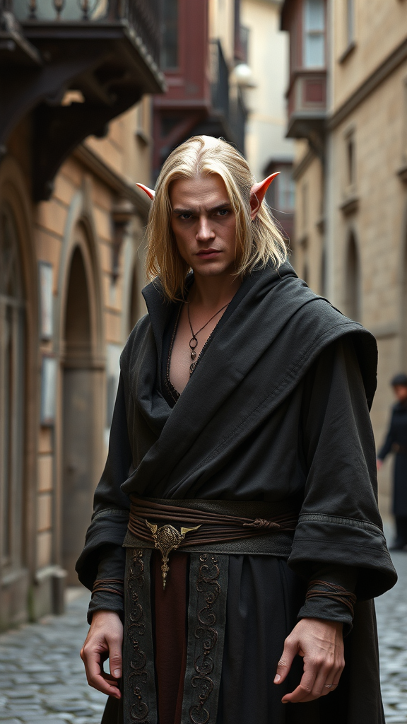 Thin Blonde Tiefling Mage on Medieval City Street