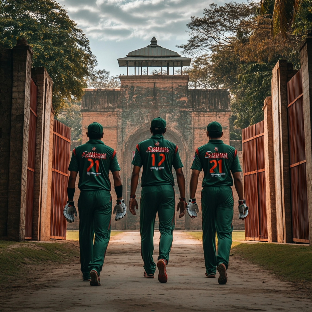 Three Bangladeshi cricketers walking towards Ahsan Manjil.