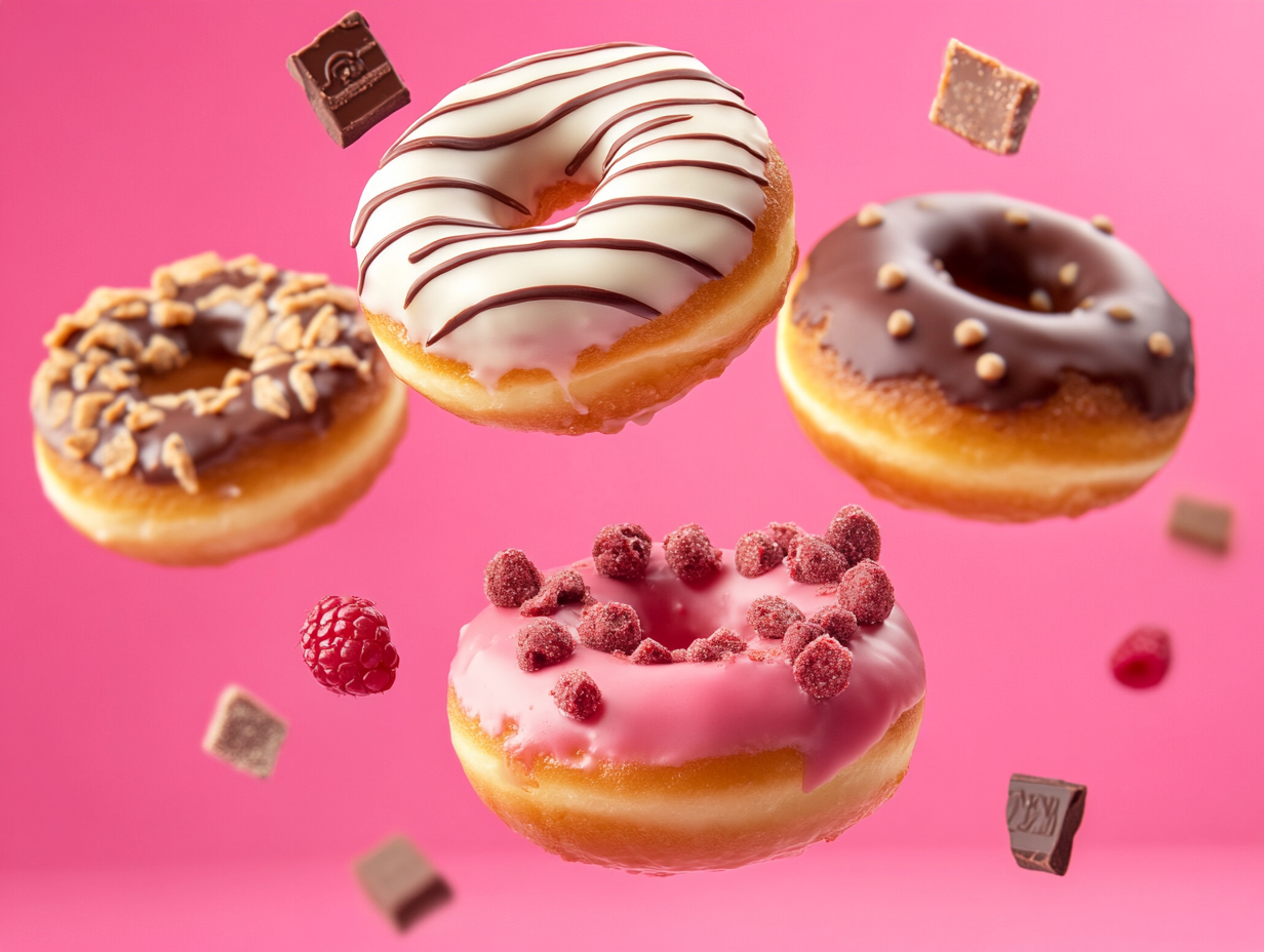 Three Floating Donuts with Unique Decorations