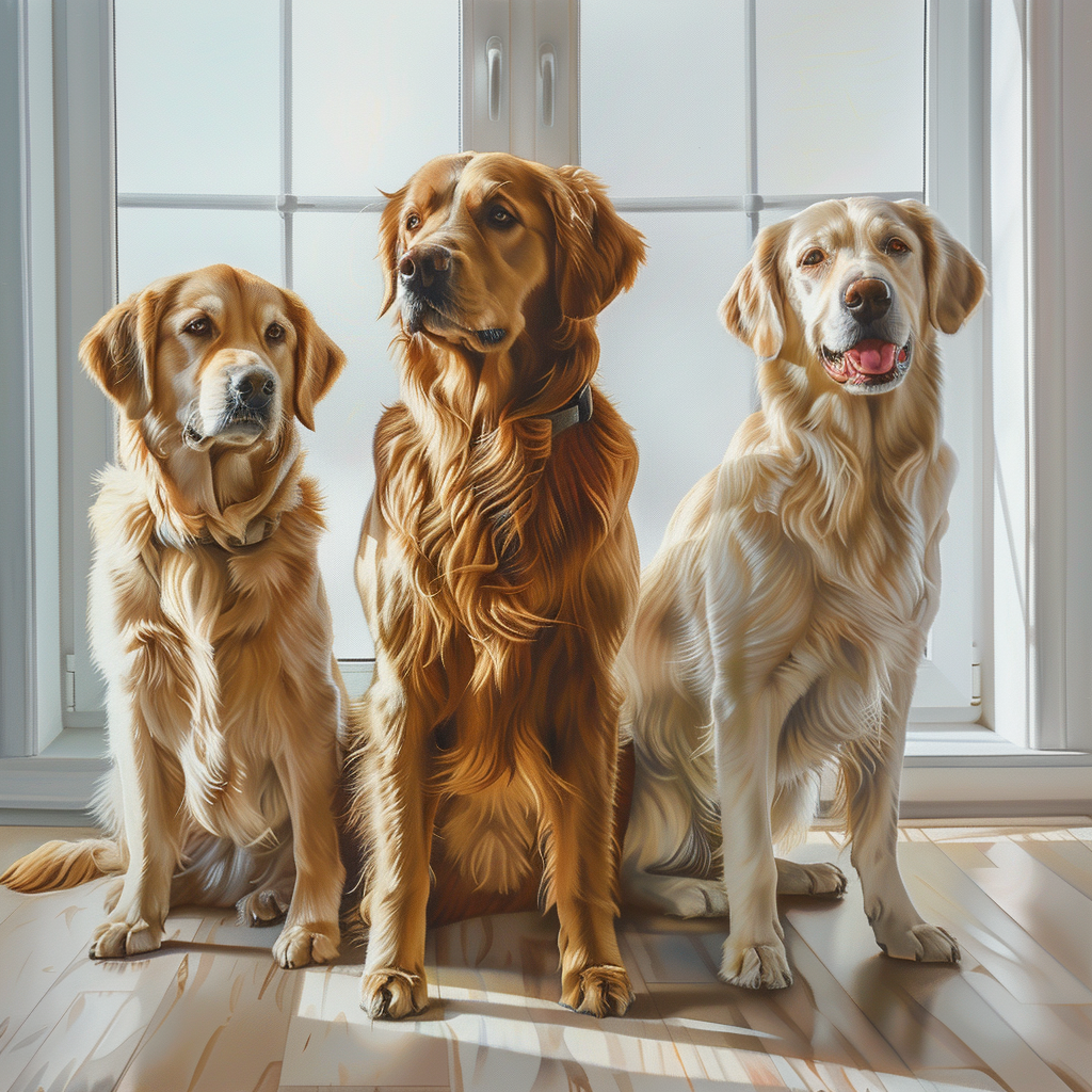 Three Golden Retrievers in Modern Home Stand Together