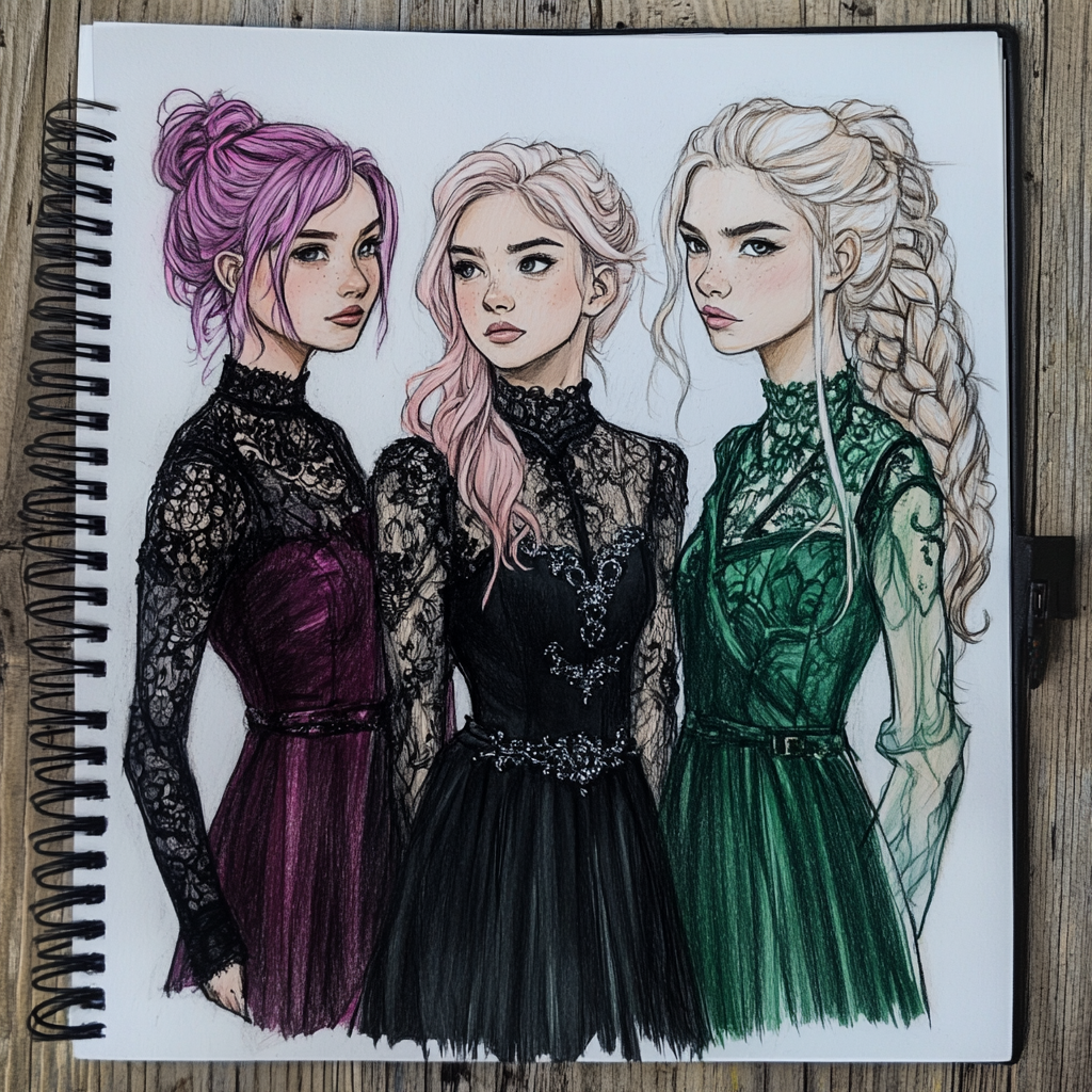 Three Hogwarts students in elegant evening dresses on notebook