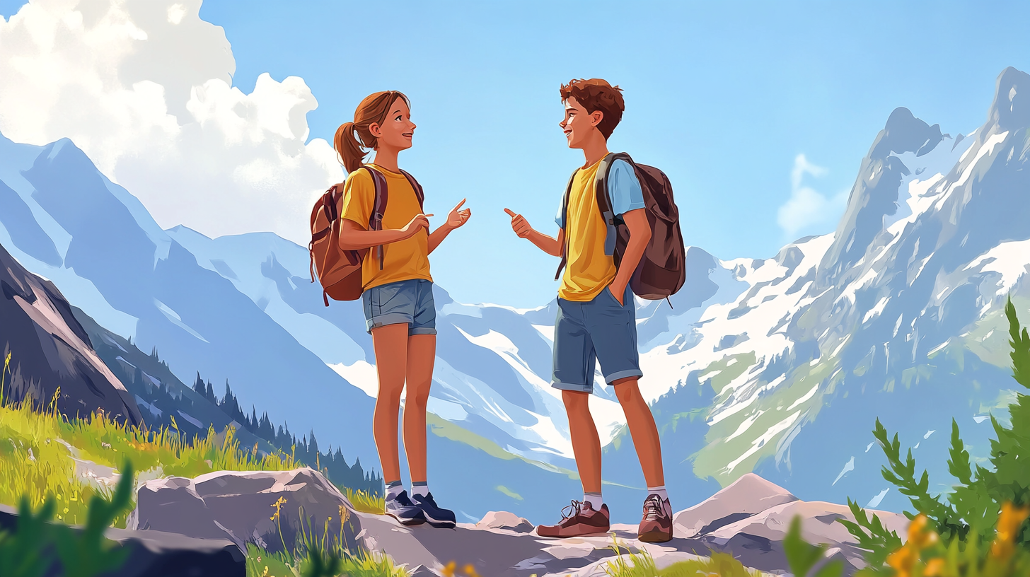 Three Kids Talking by a Mountain in Summer