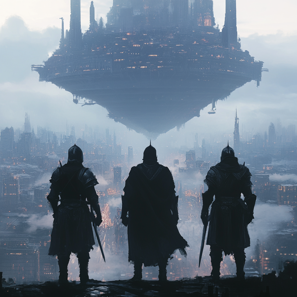 Three Knights Gazing at a Floating Fantasy City