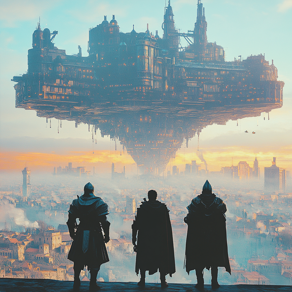 Three Knights Watching a Magical Floating City