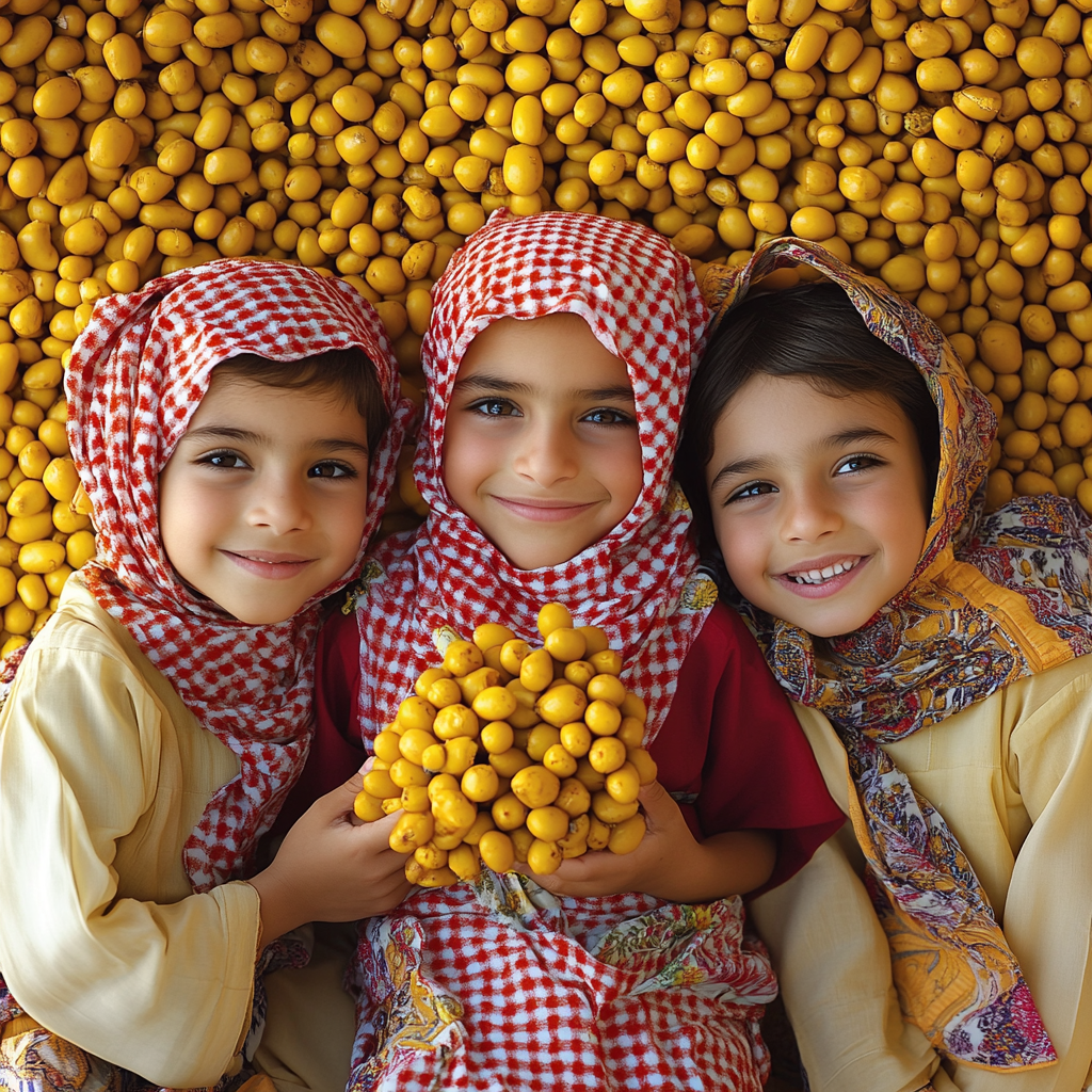 Three Omani Children Happy Among Yellow Dates