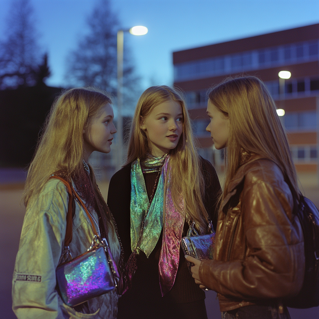 Three Scandinavian Girls Chatting outside School at Night