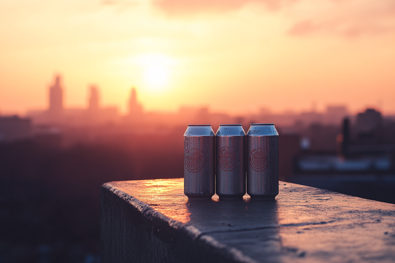 Three beer cans on rooftop ledge at sunset.