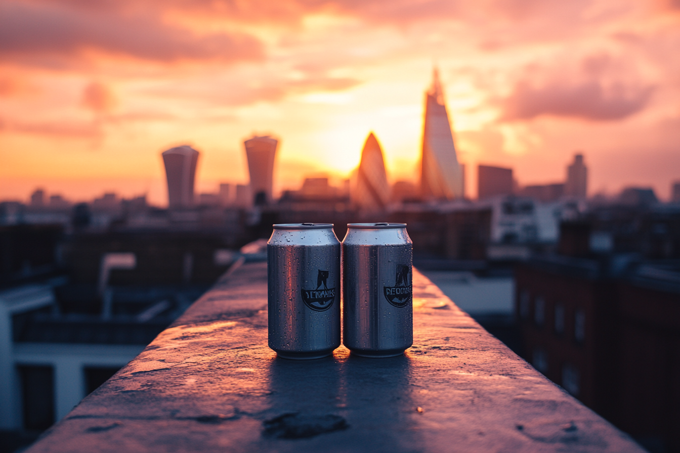 Three beer cans on rooftop looking over London.