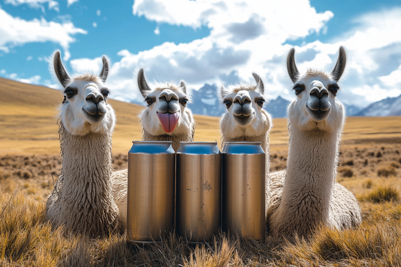 Three big beer cans among goofy llamas in field.