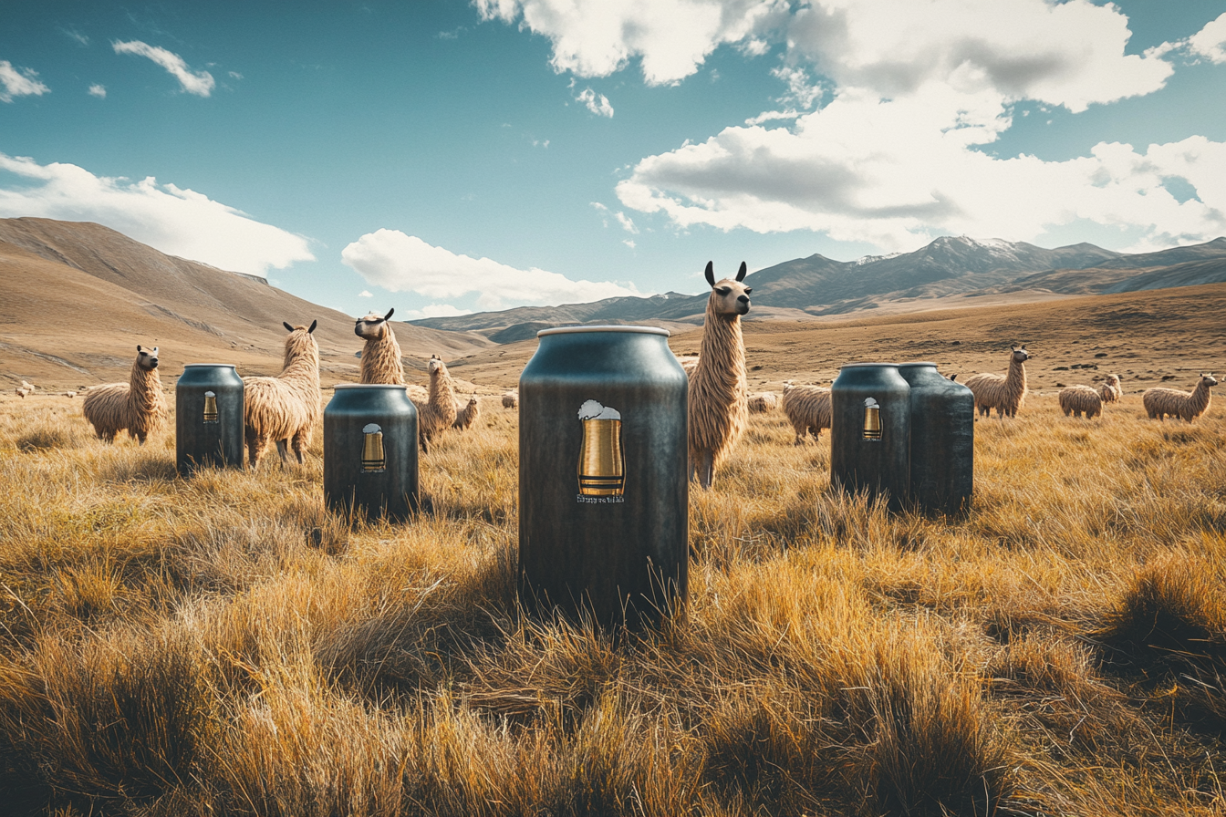 Three big beer cans next to llamas in field.