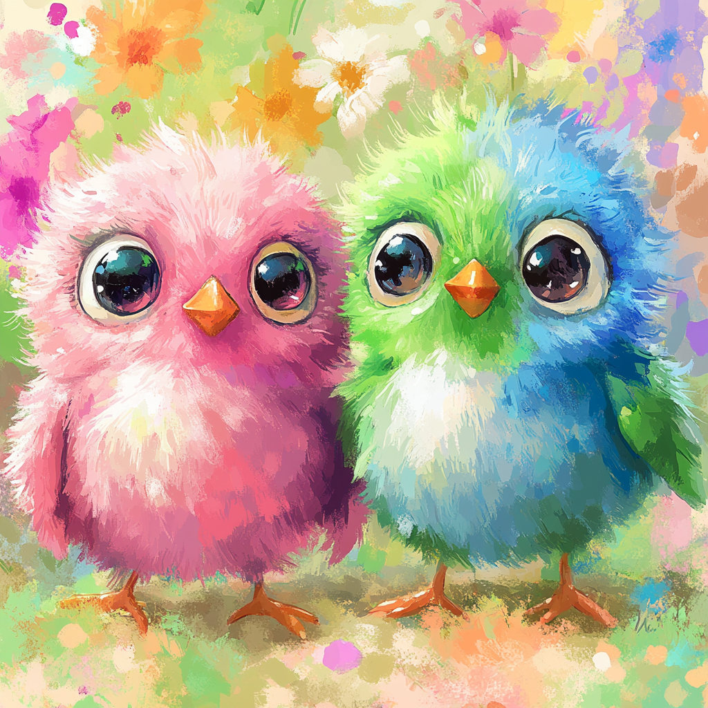 Three colorful fluffy birds in playful digital painting.