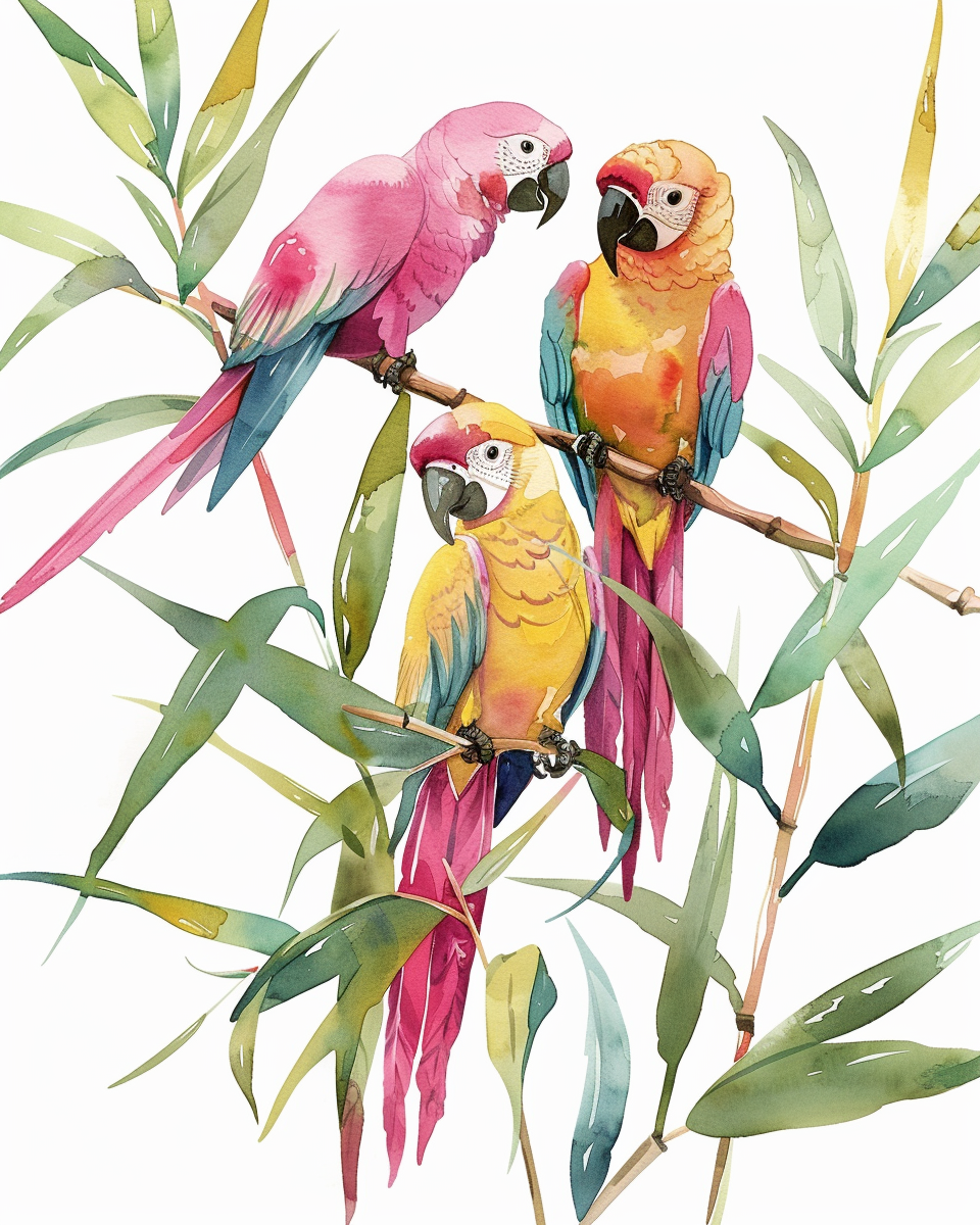 Three colorful parrots on branches in watercolor style